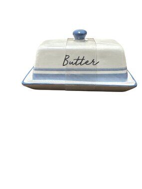 Butter dish  dairy. Kitchen blue and white features fluted detail script butter